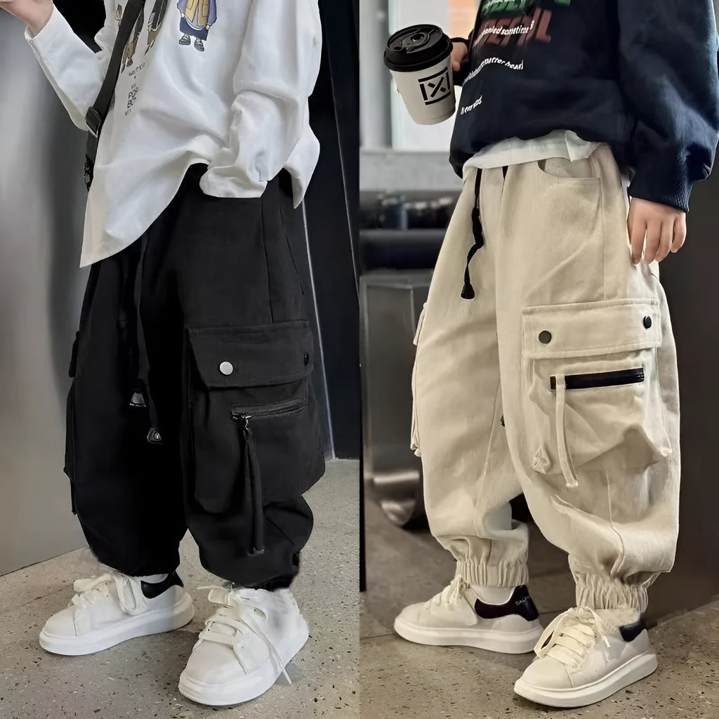 Children's cotton workwear trousers in beige and black for spring autumn