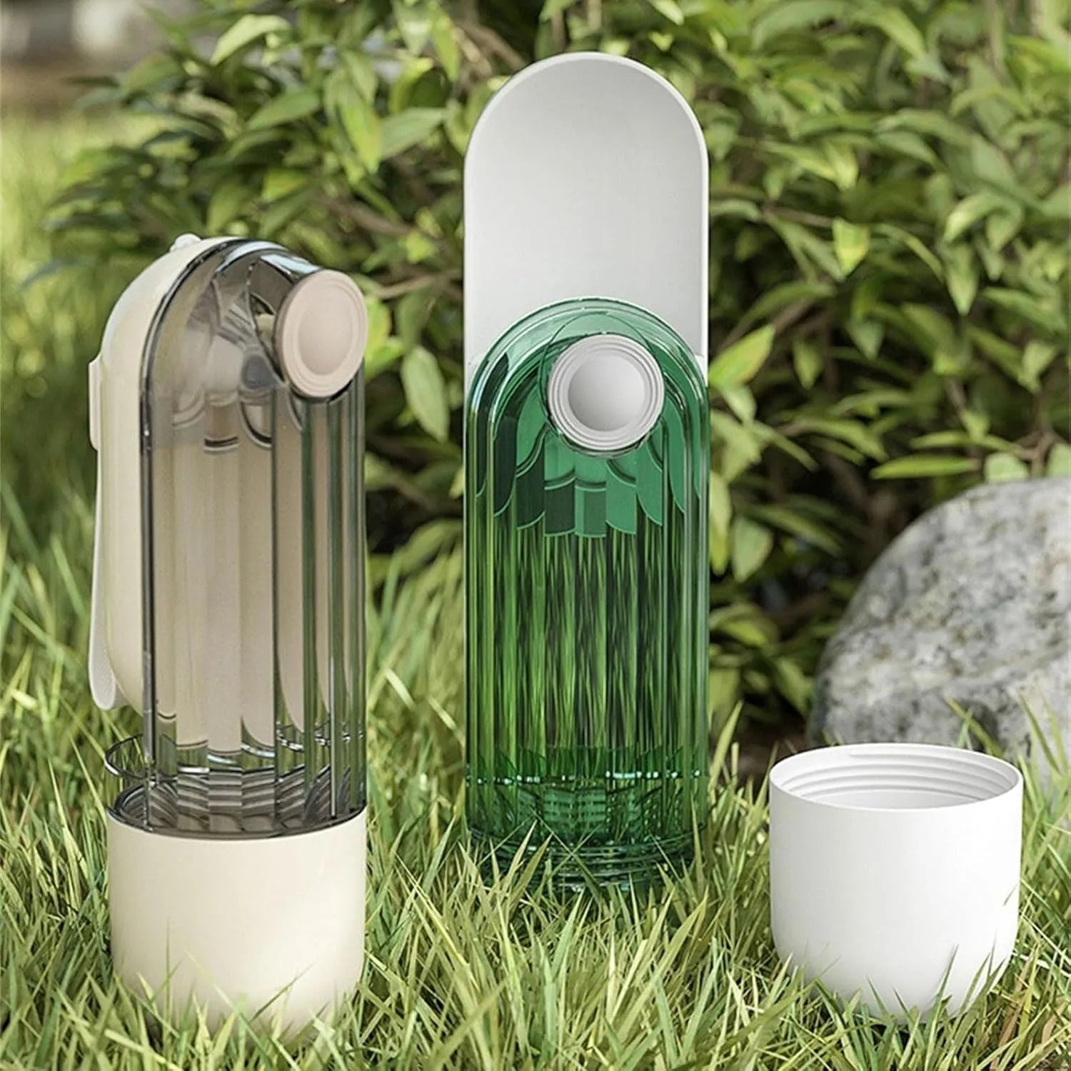 Beige foldable dog water bottle with food dispenser base, shown with dimensions.