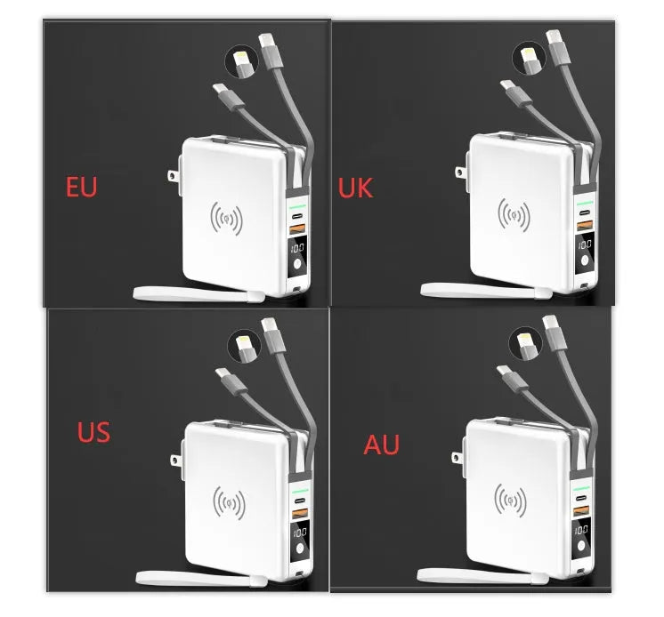 Black or white 10000mAh power bank with wireless charging and four international plug adapters