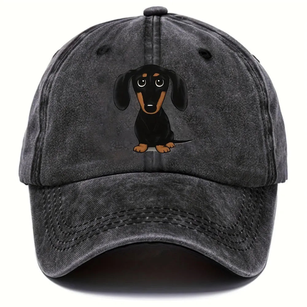 Retro washed cotton baseball cap with embroidered dachshund dog print, dome crown, peaked brim