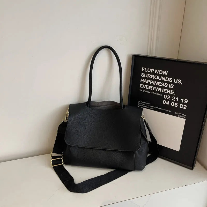 Horizontal square PU leather tote bag in vintage casual style with double shoulder straps.