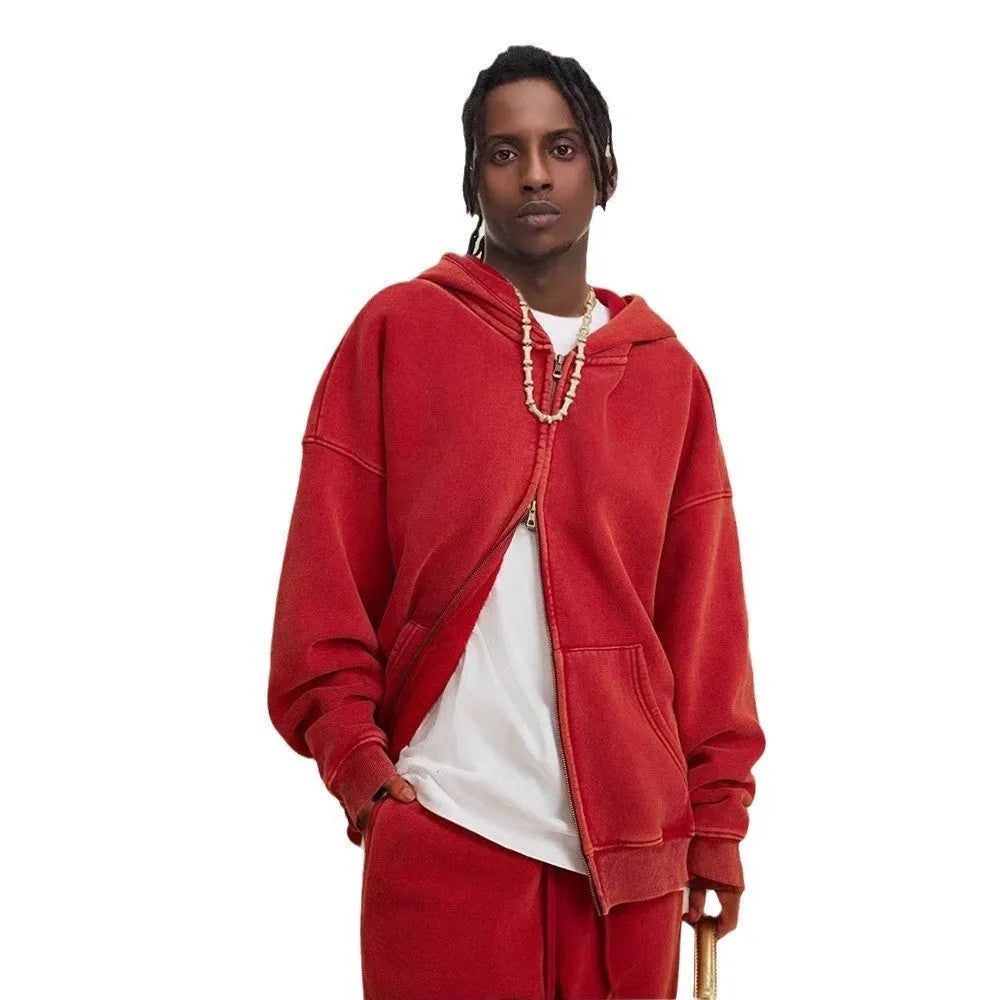 Men's vintage wash cotton hooded cardigan with fleece lining and a double front zipper.