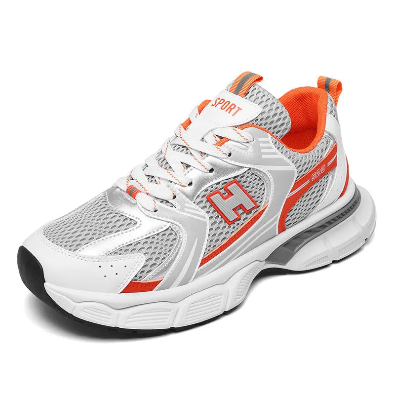 Men's mesh casual running shoes with plastic soles in black, white and gray, or white orange colours