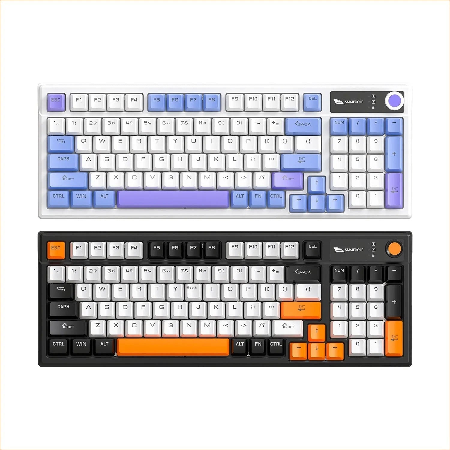 SK15 wired mechanical keyboard with volume knob in sunset orange colour beside laptop