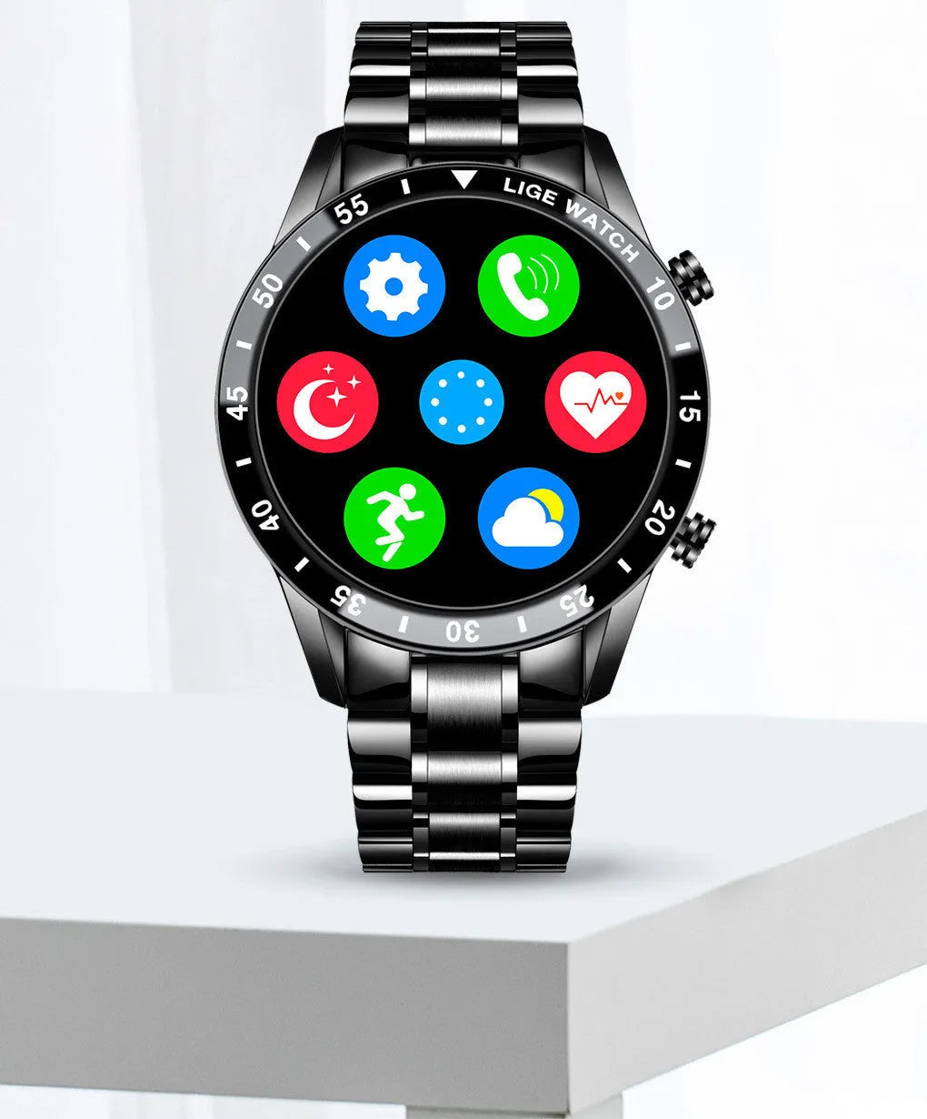 Smart watch with stainless steel wristband and 1.3 inch touchscreen display showing step counter