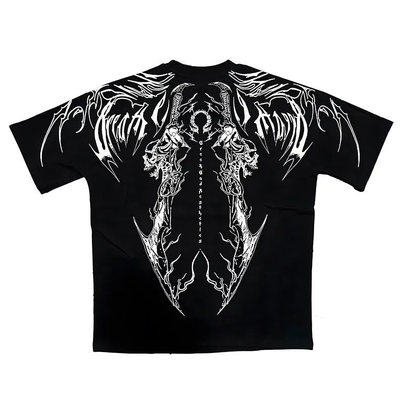 Dark style loose fit pure cotton short-sleeved t-shirt with gilding craft detail available in sizes S to XXL