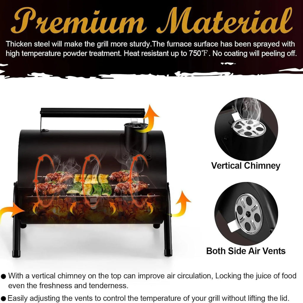 Small folding desktop charcoal barbecue grill with grate in a closed or open position