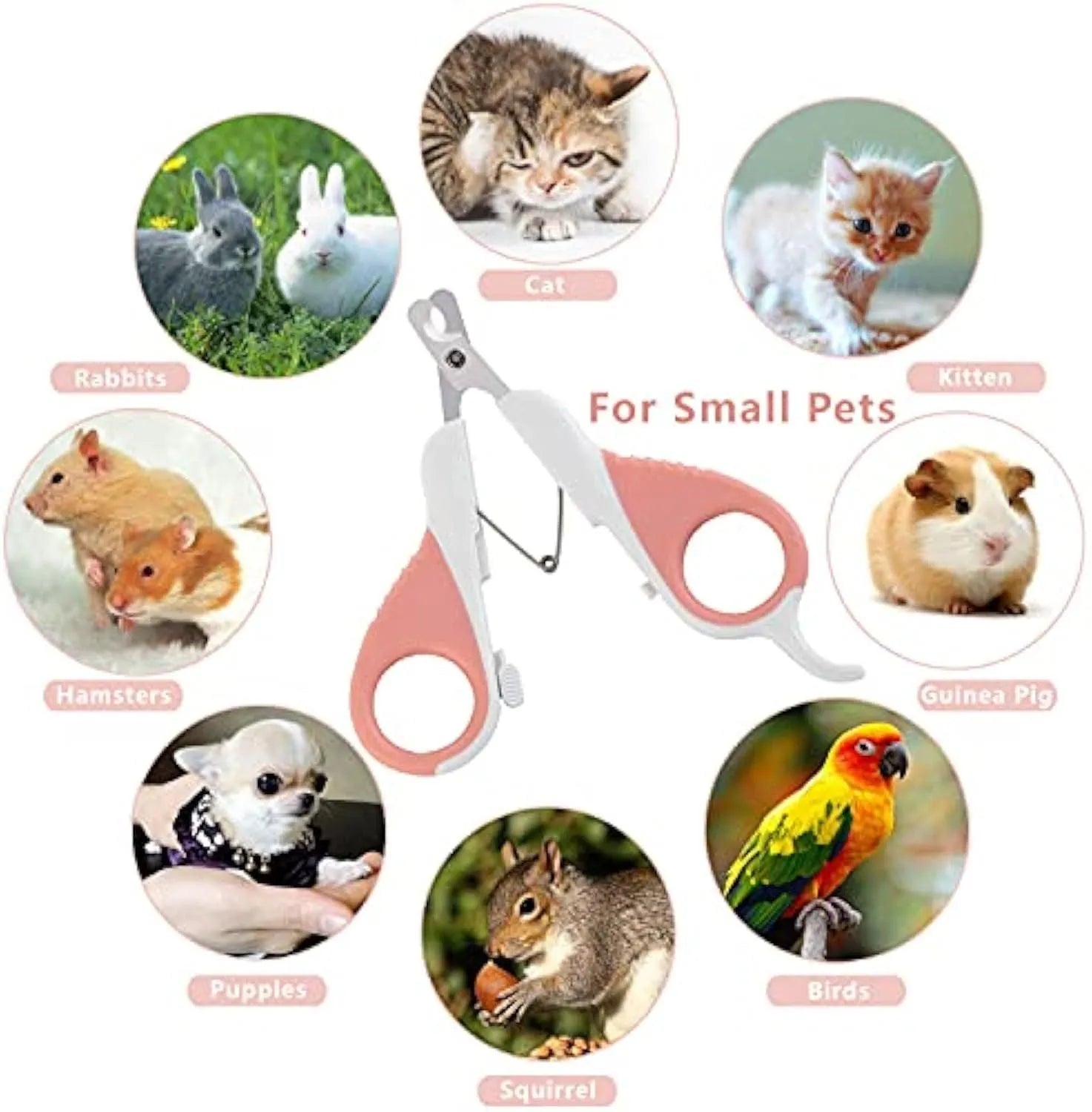 Grey and pink pet nail clippers with angled blade and safety lock for cats and small animals.