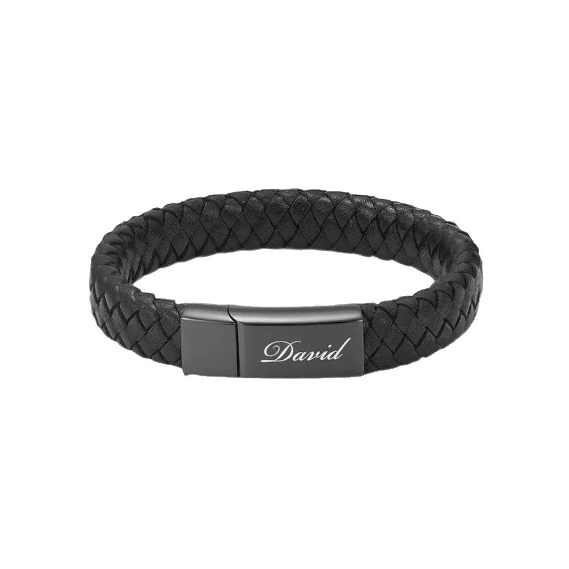 Black leather woven stainless steel memorial bracelet with engraved text in gift box