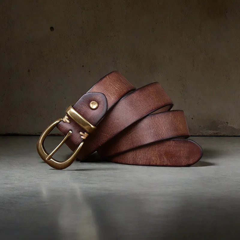 Genuine cowhide men's belt with copper buckle in black, brown, or khaki.