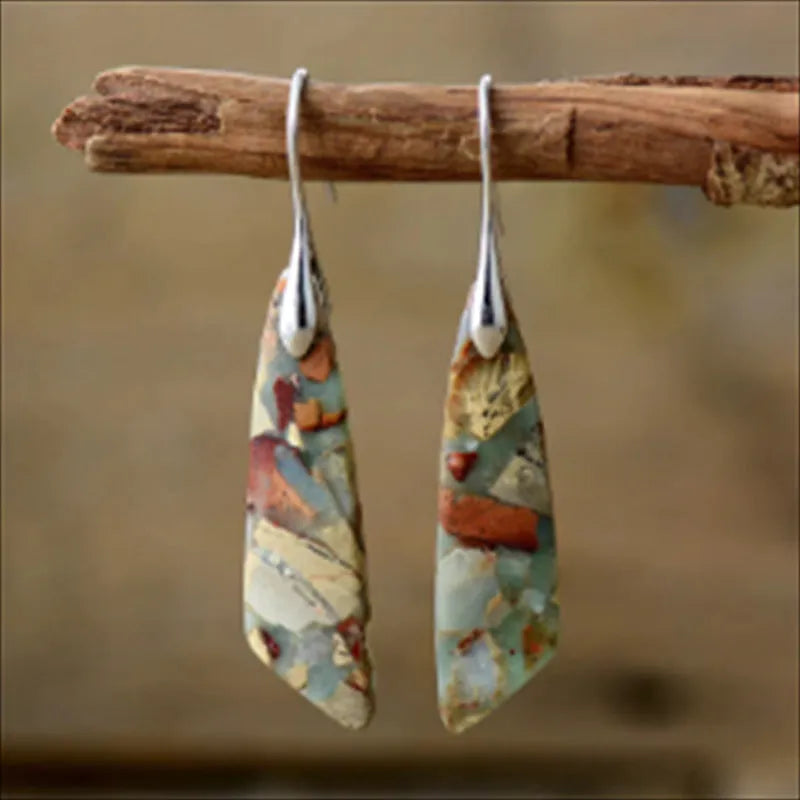 Natural stone water drop shape earrings with copper ear hook in Shoushan 18K gold colour