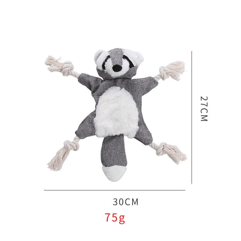 Brown fox-shaped plush dog toy with embroidered eyes, cotton rope limbs, and a squeaker.