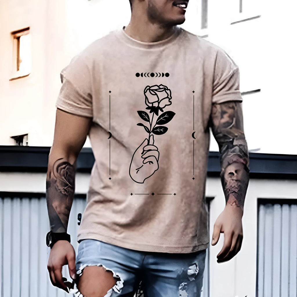 Plus size men's cotton t-shirt with rose print in green, loose crew neck, plain pattern hedging style