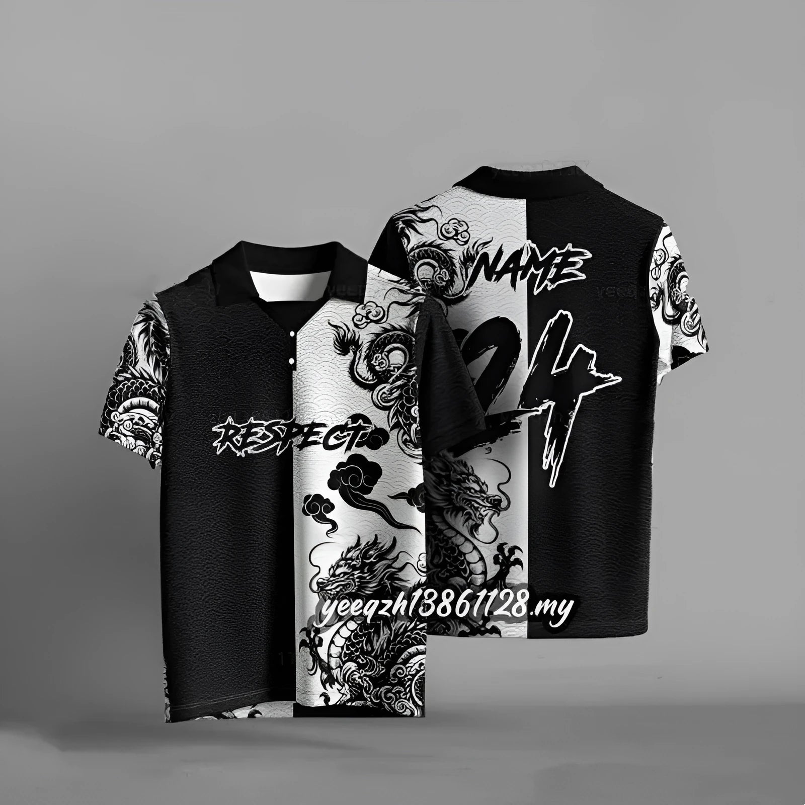 Black 3D digitally printed loose fit casual t-shirt with short sleeves on size chart background