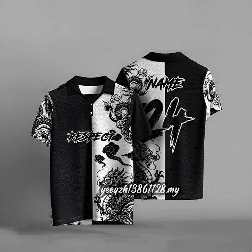Black 3D digitally printed loose fit casual t-shirt with short sleeves on size chart background