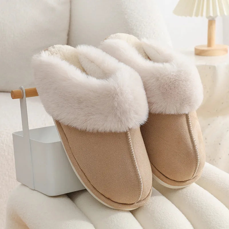 Brown women's plush indoor slippers with round toe, stitching detail, and flat non-slip sole.