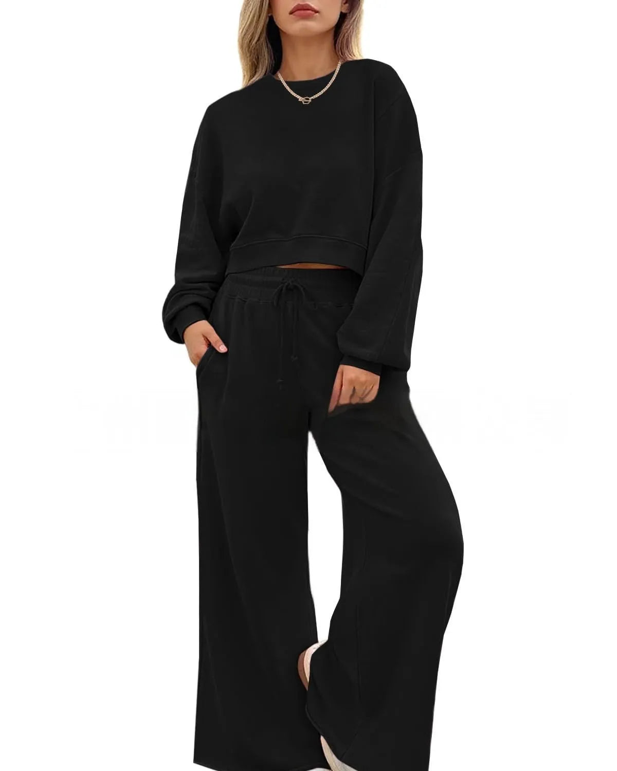 Women's solid colour polyester two-piece trousers set with street hipster styling