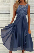 Women's sleeveless chiffon dress with lace stitching in green, purple or blue colours