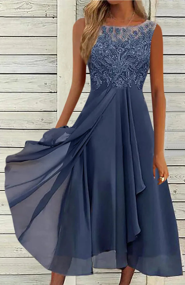 Women's sleeveless chiffon dress with lace stitching in green, purple or blue colours