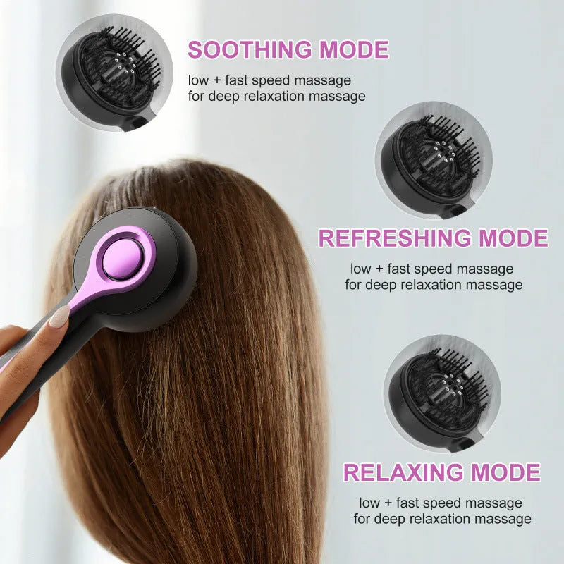 Grey head massage tingler with built-in hair brush, showing mechanical buttons and USB port.