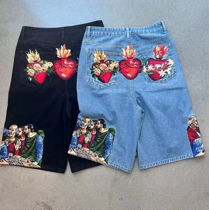 Men's cotton tapered shorts with Jesus printed back pocket detail in blue or black