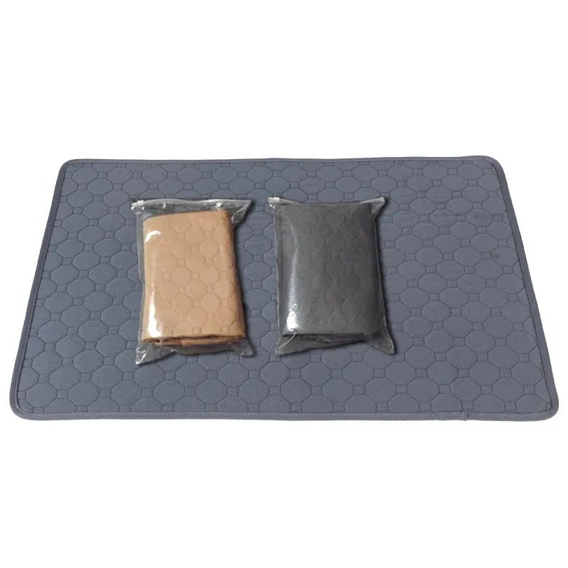 Washable dog pee pads in grey and khaki colours measuring 18 by 24 inches