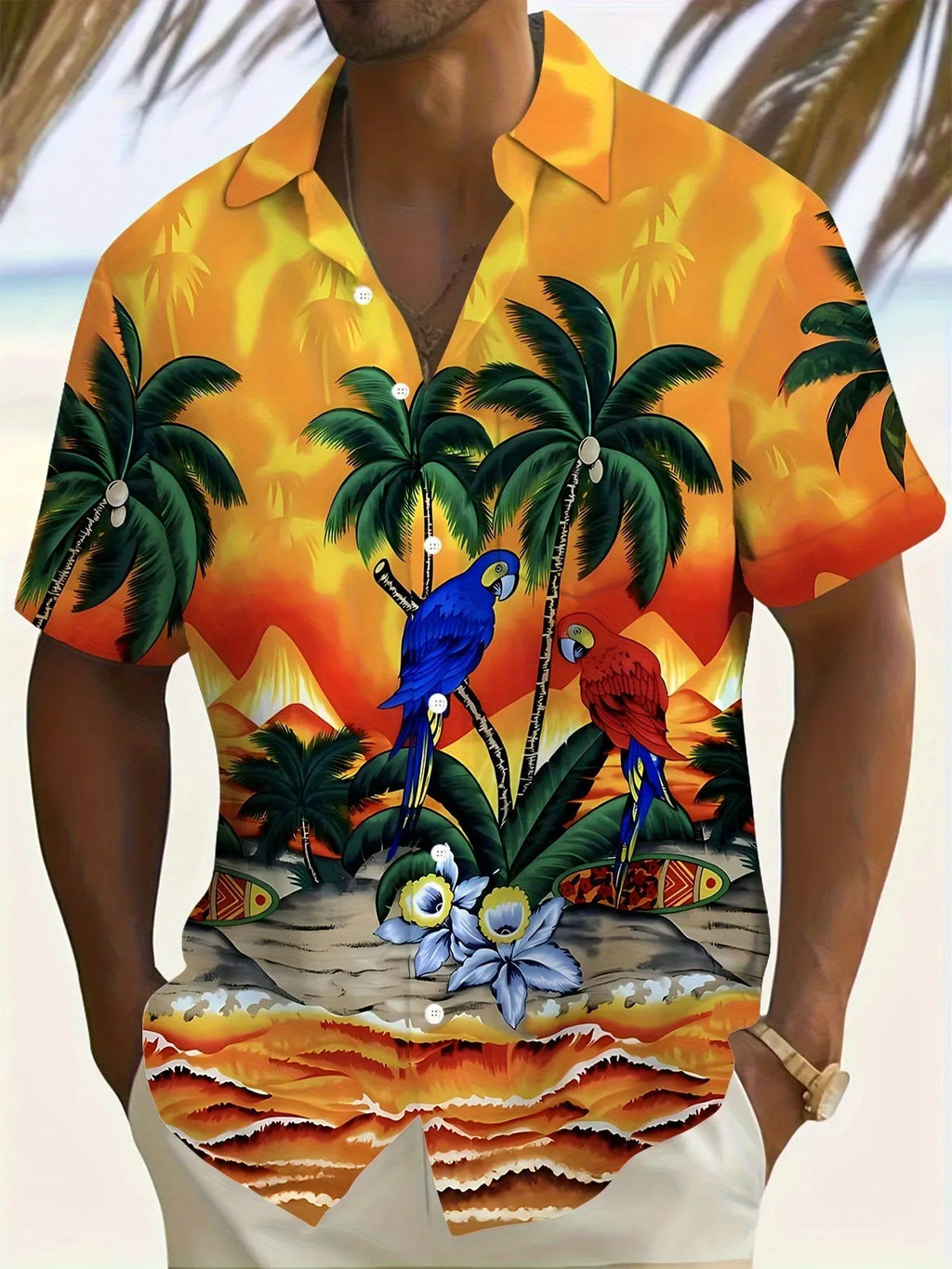 Men's flower pattern short sleeve cardigan shirt loose fit polyester summer top