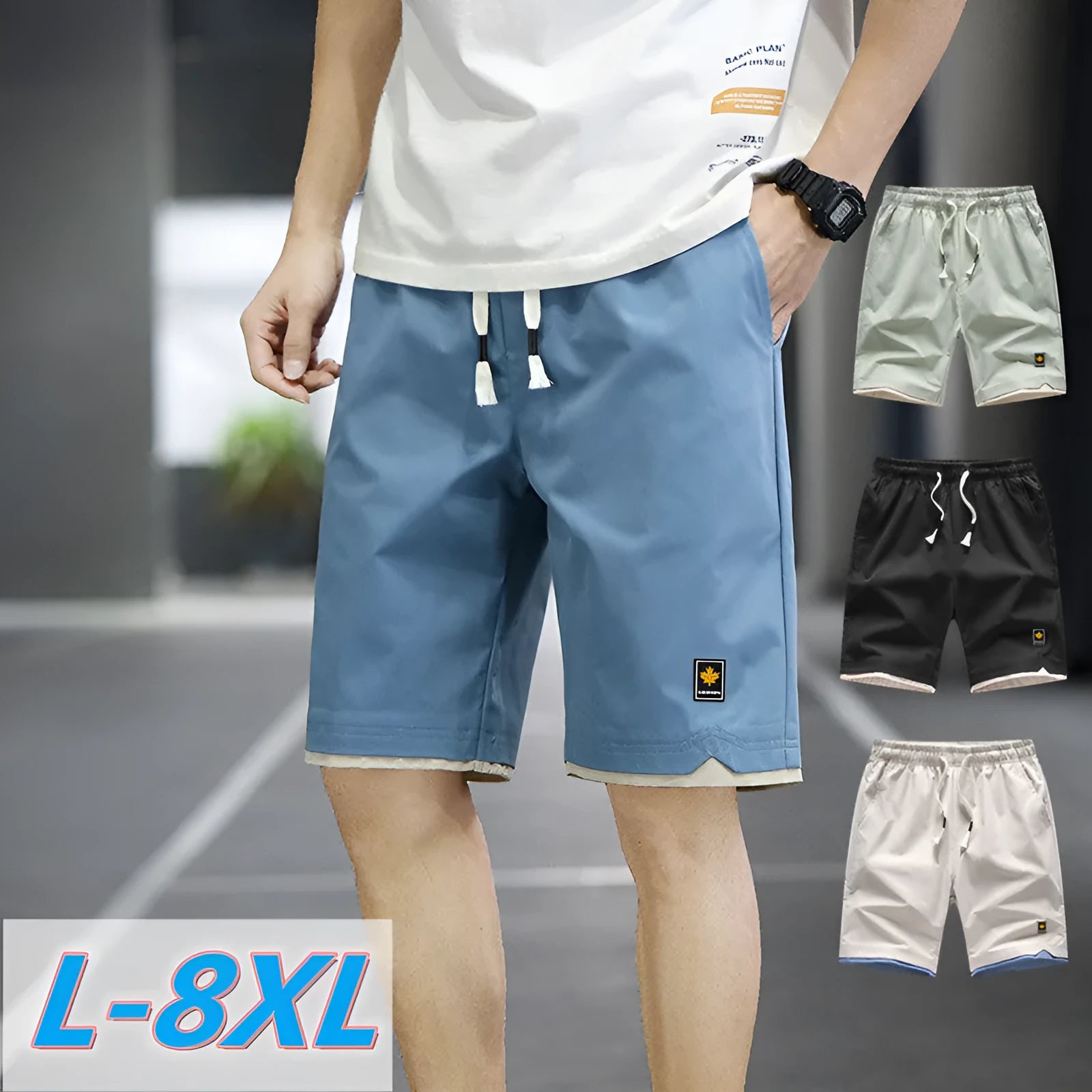 Man wearing loose-fit green casual beach shorts in a South Korea style, showing the straight cut and relaxed fit.
