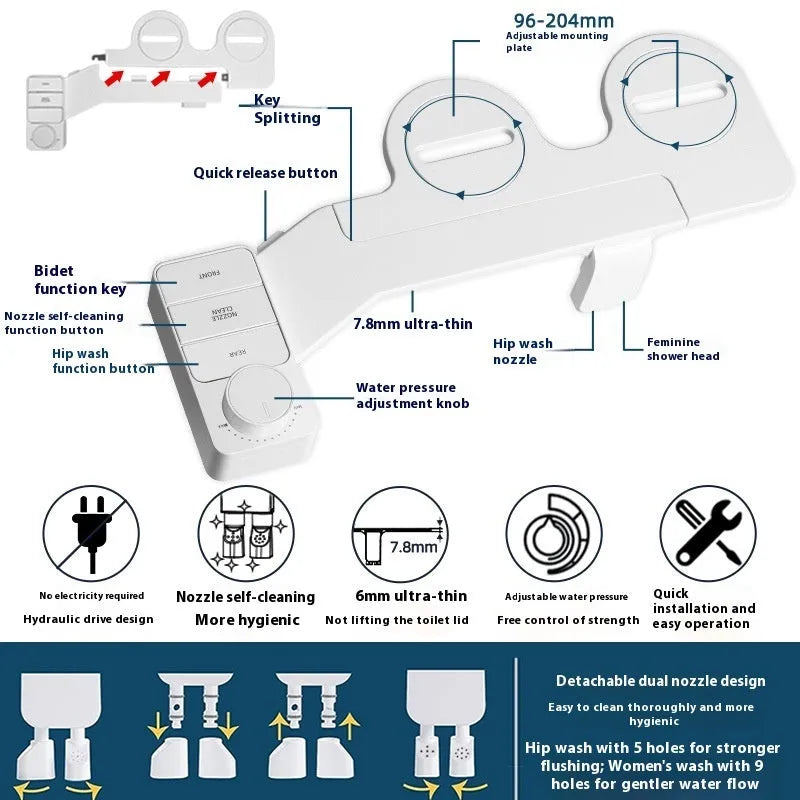 Pure white KB06 manual button-operated toilet cleaning tool with detachable nozzle and water fittings.