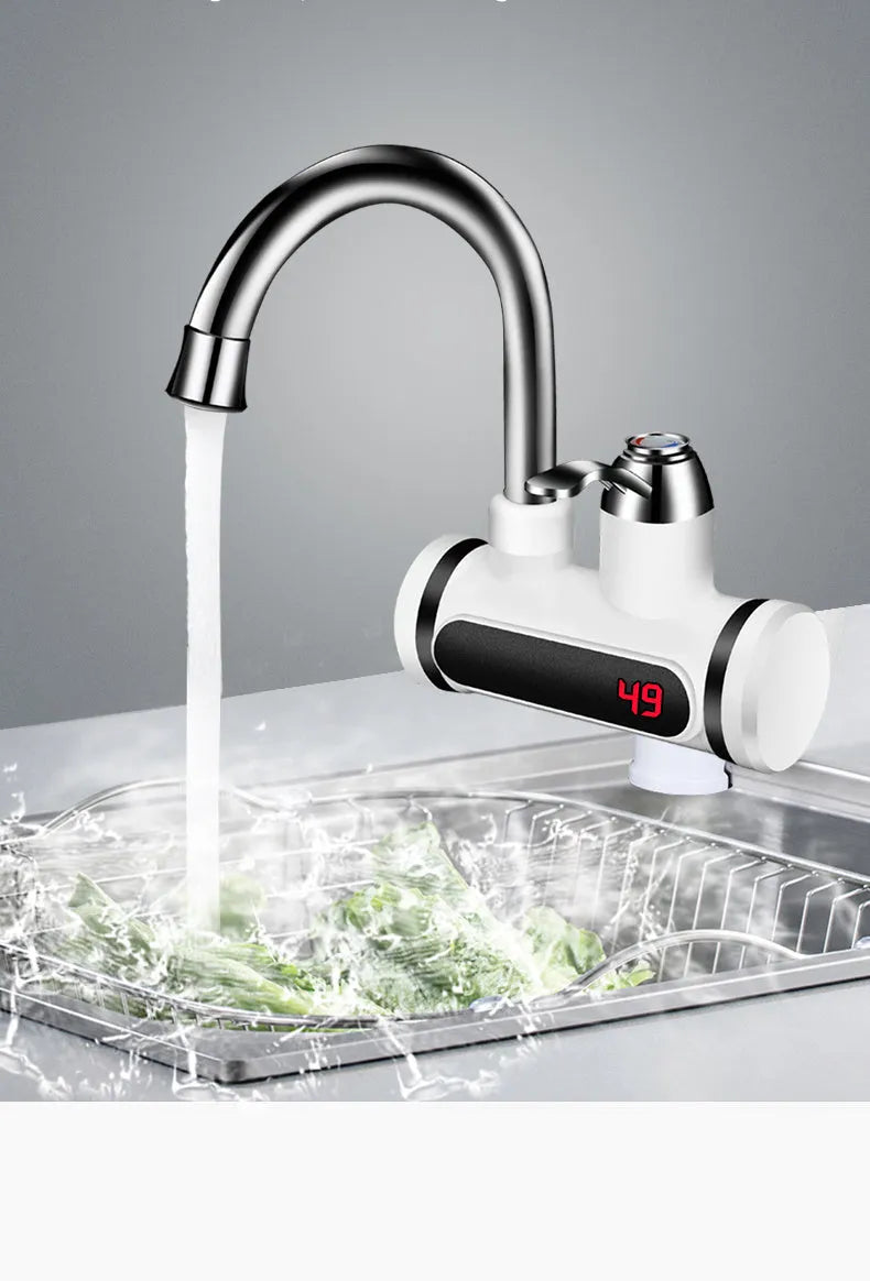 White kitchen instant electric water heater with digital temperature display and tap