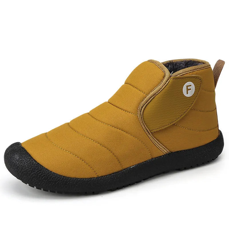 Men's thick cotton snow boots in black with a low heel and non-slip rubber sole