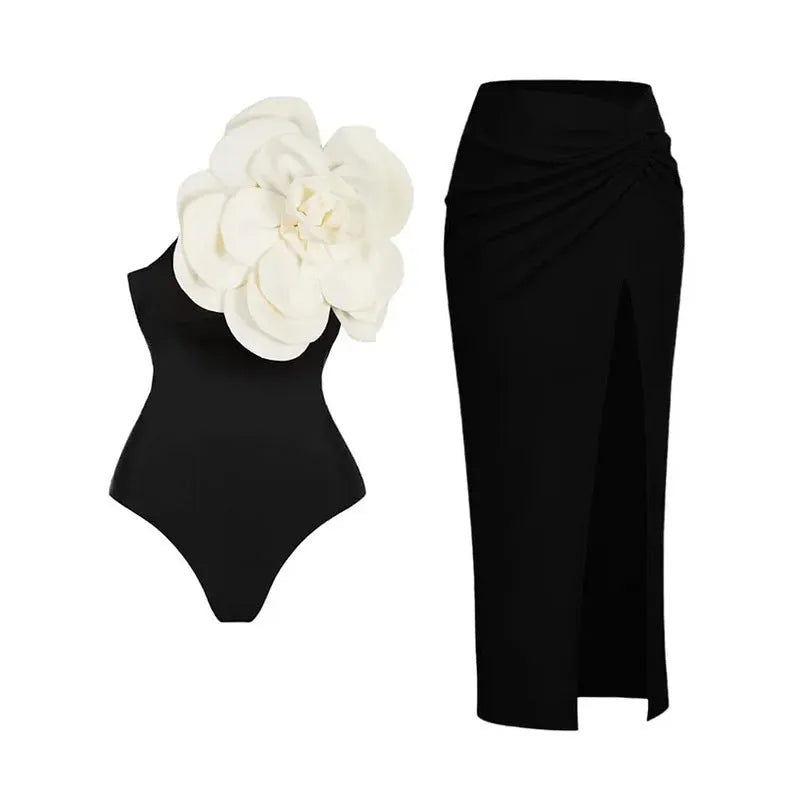 One-piece floral swimsuit on a hanger with optional matching skirt, showing European and American fit.