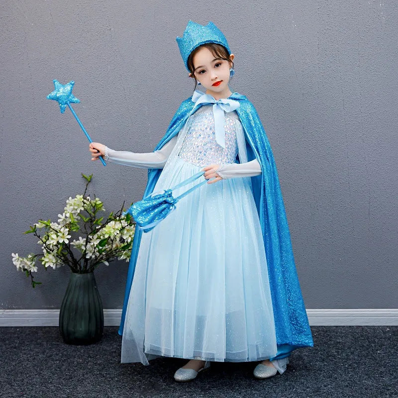 Girls cotton cloak in blue with double breasted lace closure, cold-proof design