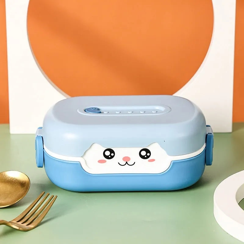 Square plastic divided lunch box in dark blue, orange yellow, and pink green colors for students