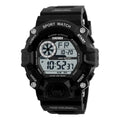 Waterproof electronic sports watch with round dial and plastic strap in camouflage green colour