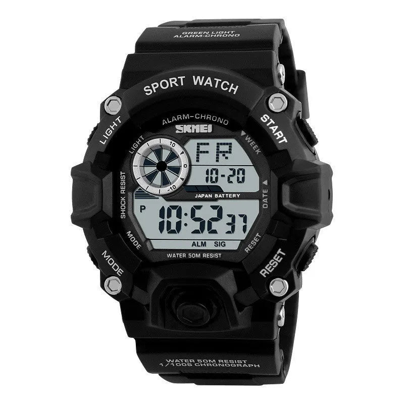 Waterproof electronic sports watch with round dial and plastic strap in camouflage green colour