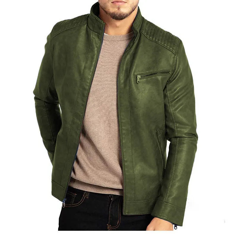 Men's brown artificial leather punk motorcycle jacket with stand collar and straight hem.
