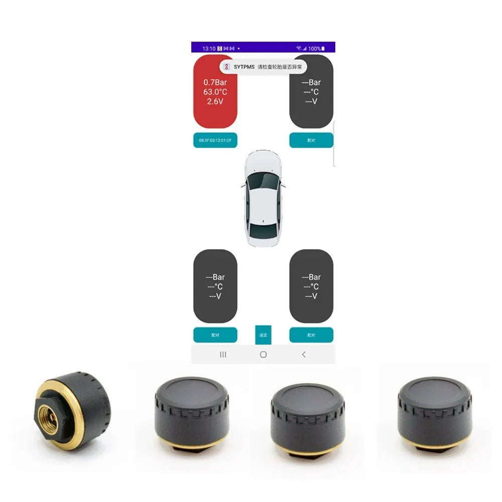 Four black Bluetooth tyre pressure sensors for mobile app monitoring system