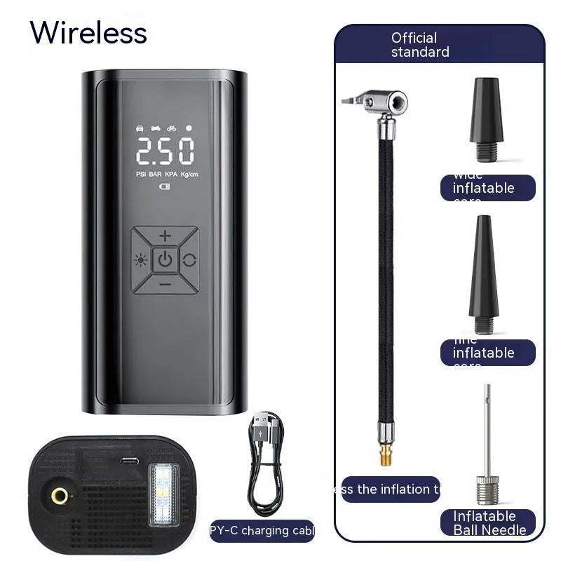 Portable wireless digital display electric car tyre pump with LED light on a black ABS and metal body.