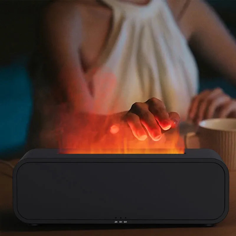 Black or white flame dynamic essential oil diffuser with remote control and colour-changing lights.