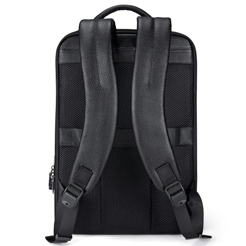 Black genuine leather men's business backpack with curved shoulder straps and sewing line details