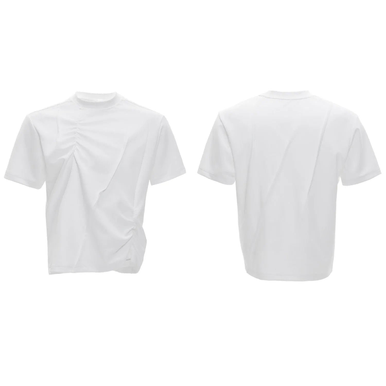 Men's grey cotton T-shirt with loose fit, round neck, short sleeves, and textured three-dimensional pleats.