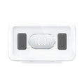 White plastic waterproof phone holder mounted on tile with phone inside, showing touch screen and anti-fog window.