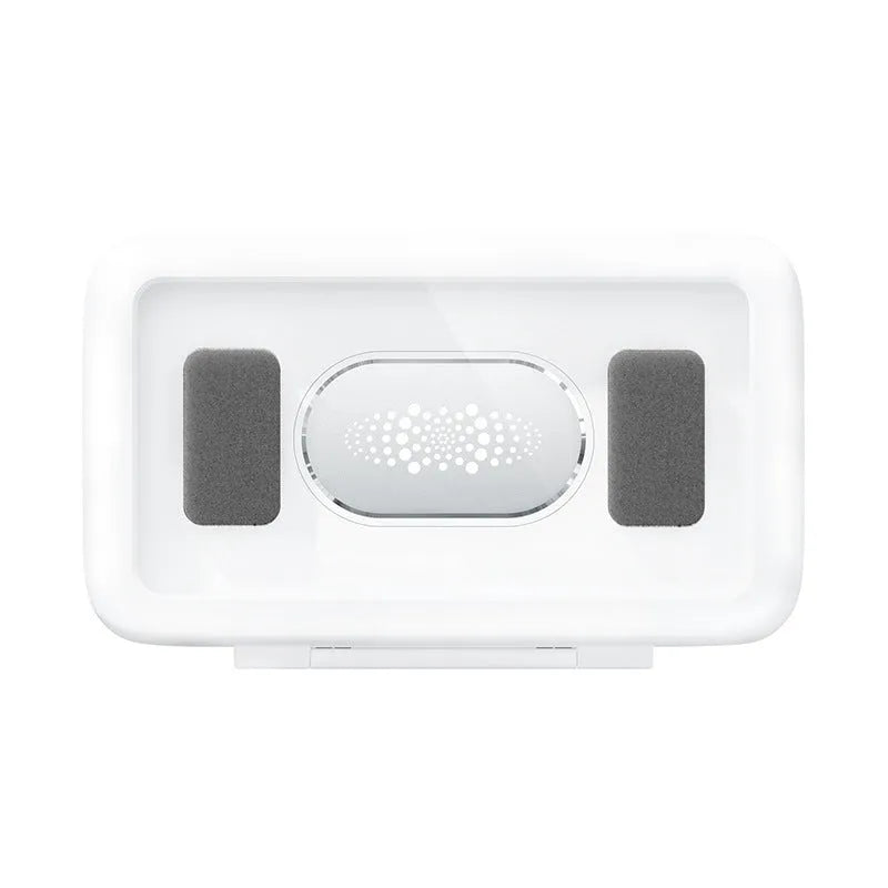 White plastic waterproof phone holder mounted on tile with phone inside, showing touch screen and anti-fog window.