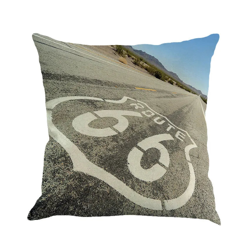 Square linen cushion cover with a landscape pattern, shown in one of six available colours, dimensions 45 by 45 cm.