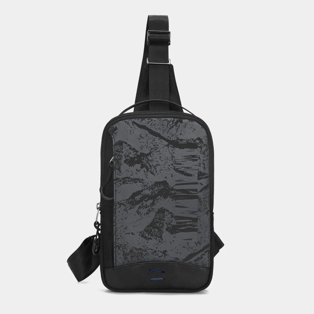 Casual black TPU chest pack with landscape camouflage pattern and interior phone pocket