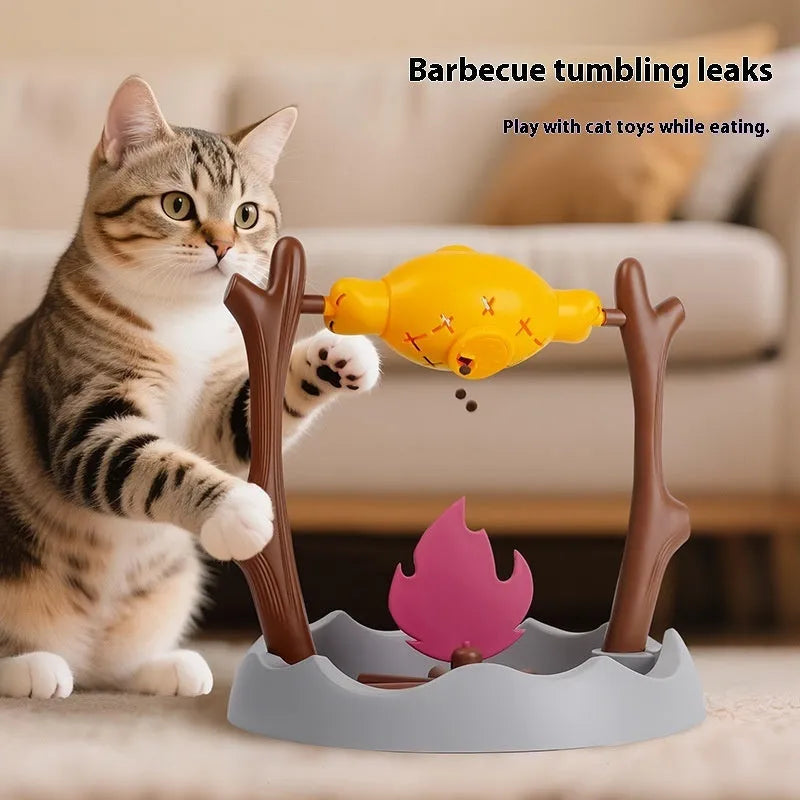 Barbecue-style cat food feeder toy with tumbling leakage mechanism for interactive feeding