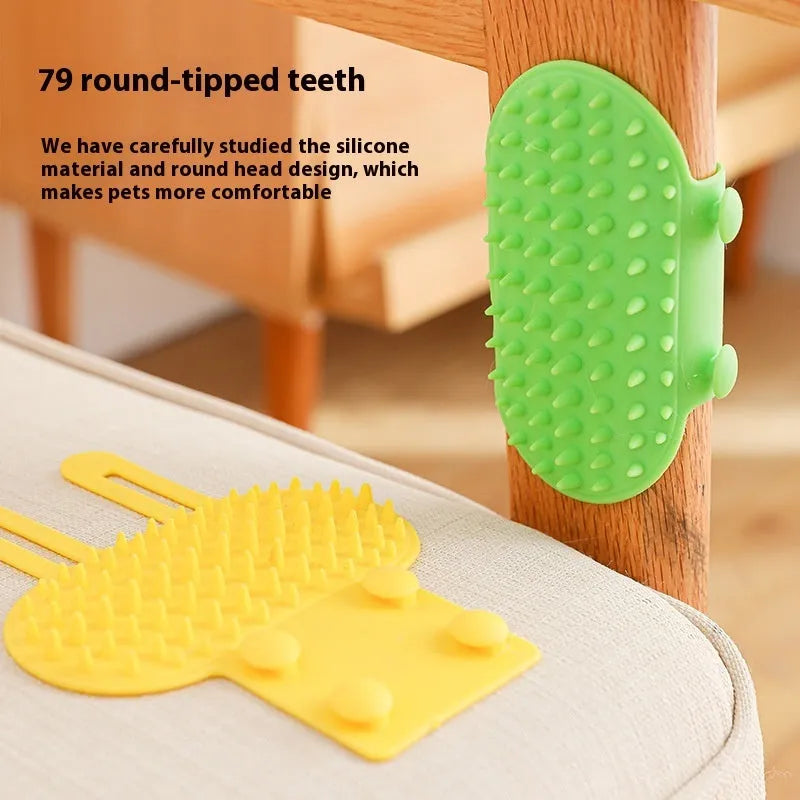 Silicone pet grooming massage comb with rounded teeth and adjustable strap for table leg mounting