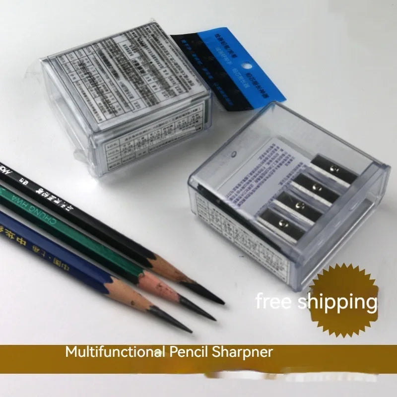Four-hole plastic pencil sharpener with geometric design and screwdriver for blade replacement