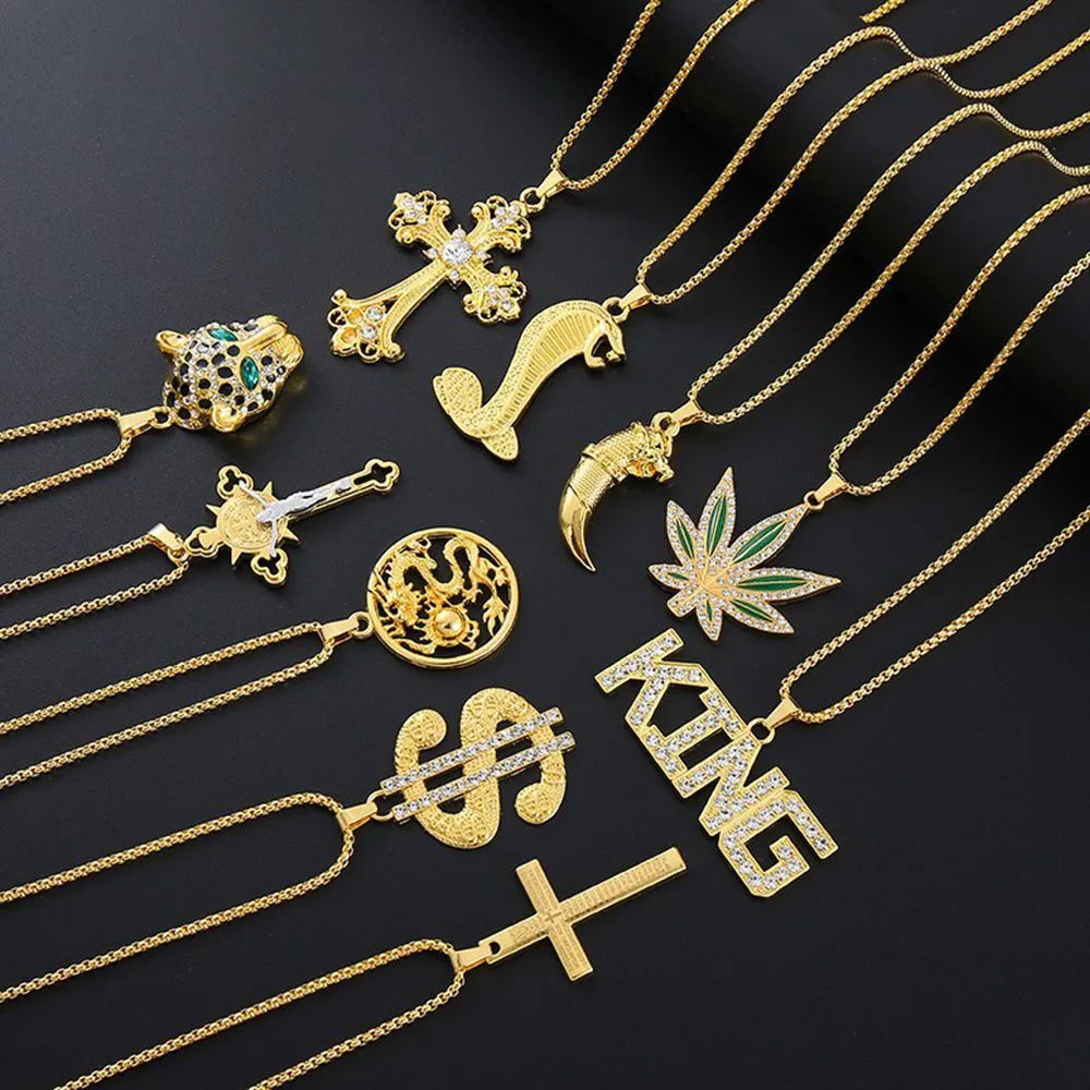 Geometric gold-colour alloy pendant necklace with zircon stones